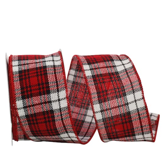 JAM Paper 2.5&#x22; x 10yd. Wired Cabin Natural Woolen Plaid Ribbon